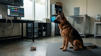 Un perro Pastor Alemán sentado sobre un tapete mira un tazón con alimento en un laboratorio con un monitor que muestra ondas.