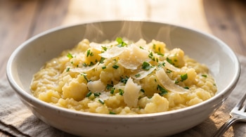 Primer plano de un cuenco blanco lleno de risotto de coliflor humeante, adornado con láminas de parmesano y perejil picado, sobre una tela y madera.