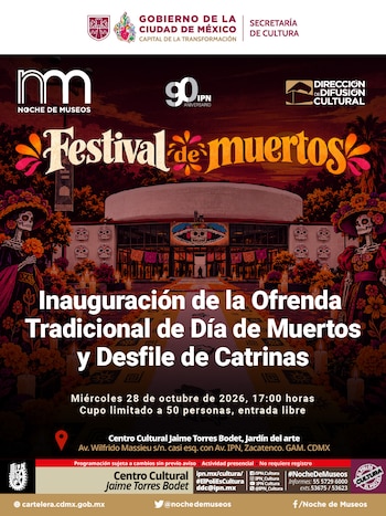 Cartel con catrinas ilustradas, flores de cempasúchil, la fachada de un centro cultural decorado y texto informativo sobre un festival cultural