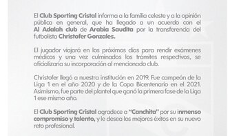 Comunicado de Sporting Cristal en referencia con la transferencia de Christofer Gonzales