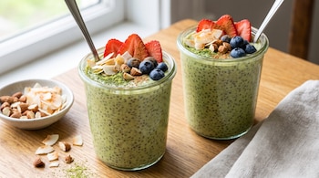 Dos frascos con crema verde y semillas de chía, decorados con fresas, arándanos, almendras y coco sobre una mesa de madera.