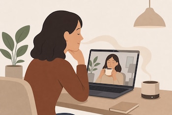 Ilustración de una mujer frente a un portátil en videollamada con otra persona que sostiene una taza, junto a un difusor que expulsa vapor.