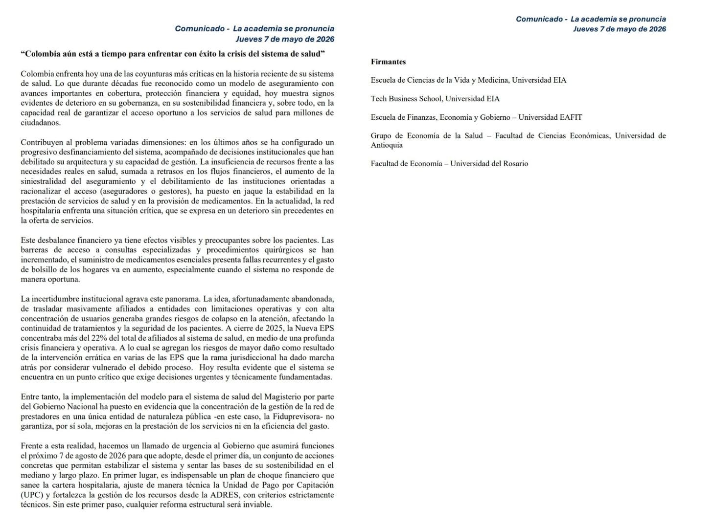 Las universidades firmantes afirmaron que la crisis actual exige decisiones urgentes para recuperar la estabilidad financiera y operativa del sistema de salud colombiano - crédito X