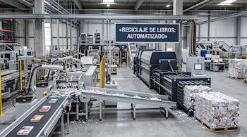 Brazos robóticos manipulan libros en una cinta transportadora junto a maquinaria de triturado y fardos de papel en una nave.