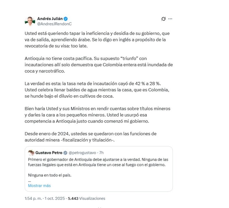 Andrés Julián Rendón acusó al mandatario de desviar la atención de los problemas internos con discursos internacionales - crédito @AndresJRendonC/X