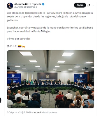 El presidente electo Abelardo de la Espriella adelantó un empalme territorial en Antioquia - crédito @ABDELAESPRIELLA/X