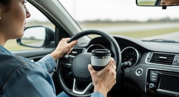 Una conductora sostiene una taza