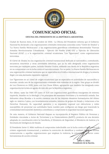 La norma establece que la naturaleza transnacional, expansión regional y diversificación de actividades ilícitas de estas organizaciones generan riesgos para la vida, los bienes y el patrimonio de los habitantes de la Nación - crédito @OPRArgentina/x