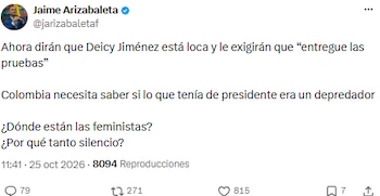 Jaime Arizabaleta cuestionó el silencio de organizaciones feministas ante el testimonio de Deicy Jiménez - crédito @jarizabaletaf/X