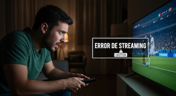 Un hombre con barba de perfil, sosteniendo un control remoto, mira una televisión que muestra un partido de fútbol con un mensaje de "ERROR DE STREAMING" en una sala oscura.