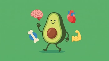 Ilustración de una palta con cara sonriente, manos y piernas, rodeada de un cerebro, un corazón, un hueso y un brazo musculoso, sobre fondo verde liso.