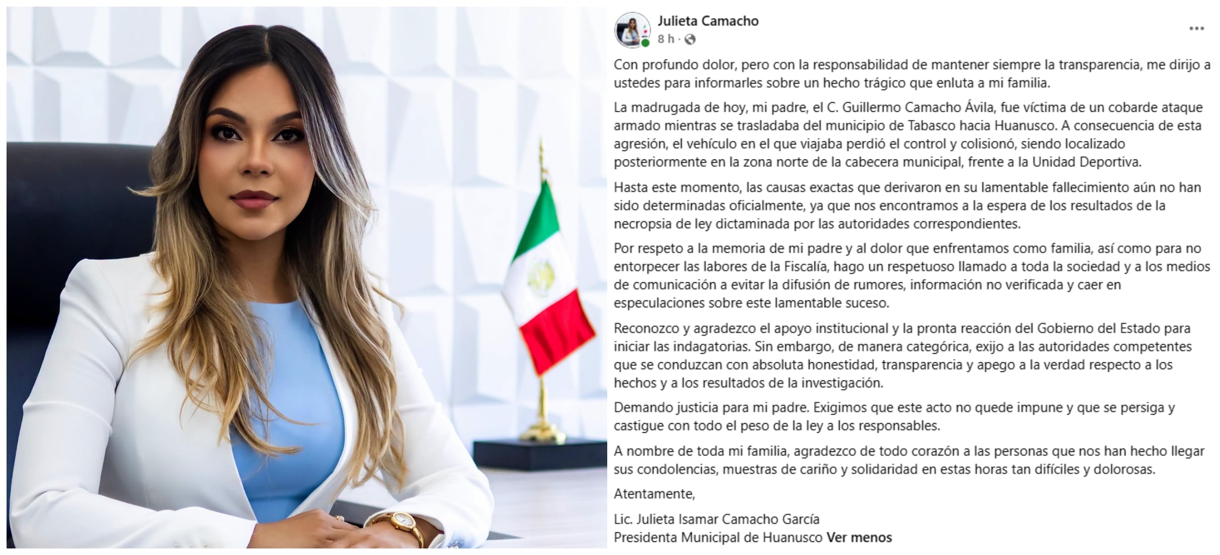 Mensaje de la presidenta municipal de Huanusco. Crédito: Redes Sociales