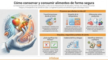 Infografía mostrando una mano enguantada sujetando una manzana y un tarro, rodeada de estructuras químicas y microorganismos, con paneles explicativos.