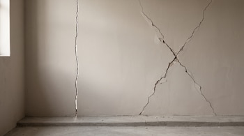 Pared beige con una grieta vertical a la izquierda y una grieta en forma de equis a la derecha sobre un suelo de cemento.