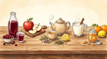 Ilustración de una mesa de madera con jugo de arándano, manzanas, té caliente, leche tibia con canela y un frasco de vitamina C junto a cítricos.