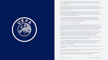 Conmoción en el fútbol mundial: UEFA anunció que sus selecciones nacionales no participarán de los torneos FIFA 8 Primer plano del logo de la UEFA en un fondo azul oscuro, con un comunicado de prensa de la UEFA rechazando la propuesta de la FIFA