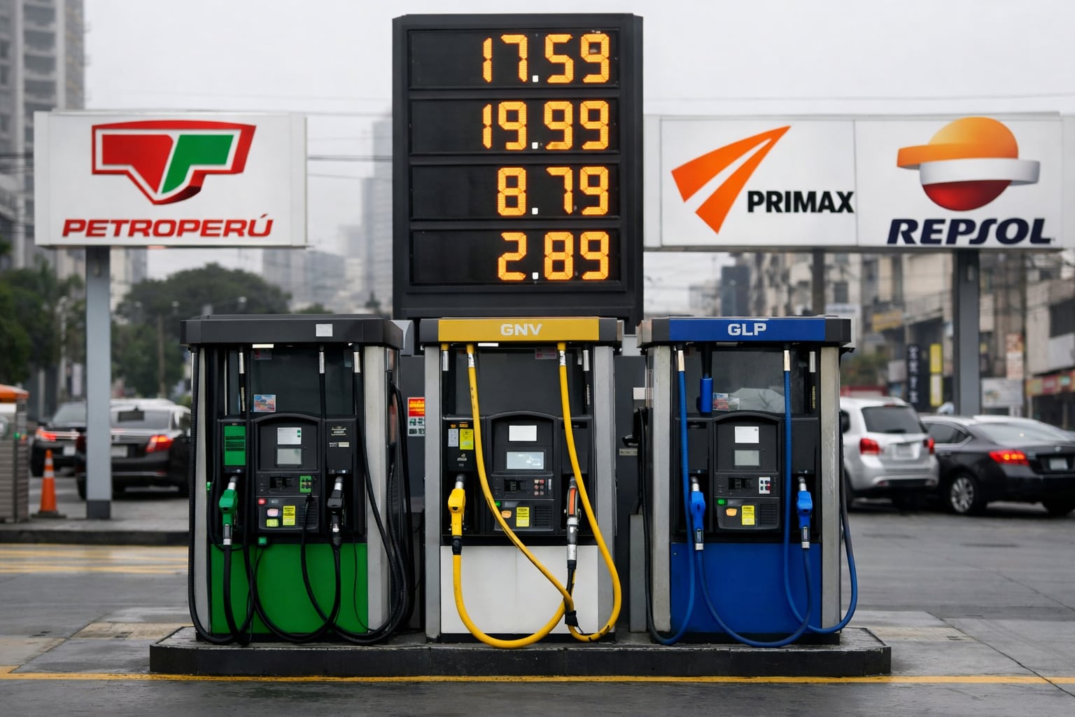 Un grifo en Lima, Perú, muestra surtidores de gasolina, GNV y GLP con precios digitales visibles, flanqueado por los logos de Petroperú, Primax y Repsol, reflejando el panorama actual del mercado de combustibles. (Imagen Ilustrativa Infobae)