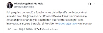 El abogado Miguel Ángel del Río Malo recordó que denunció a funcionarios de la Fiscalía por presuntamente inducir el suicidio del coronel Dávila - crédito @migueldelrioabg/X