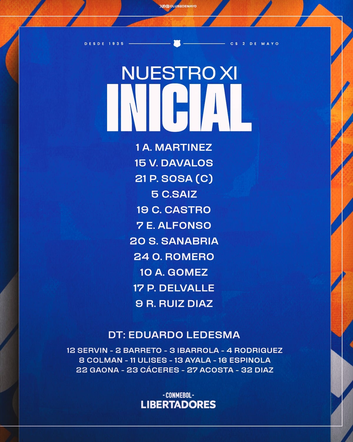 Onze do 2 de Mayo contra o Sporting Cristal pela Copa Libertadores - Crédito: Clube 2 de Mayo.