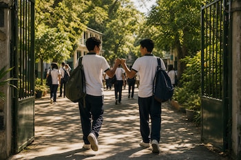 Dos jóvenes con uniforme blanco y mochilas caminan de espaldas y chocan los puños al atravesar un portón hacia un patio escolar.