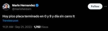 Mario Hernández criticó que los taxis cuya placa termina en 9 y 0 no puedan transitar en el Día sin Carro y sin Moto en Bogotá- crédito @marioherzam/ X