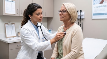 Una médica con bata blanca coloca un estetoscopio en el pecho de una paciente con gafas dentro de un consultorio médico.