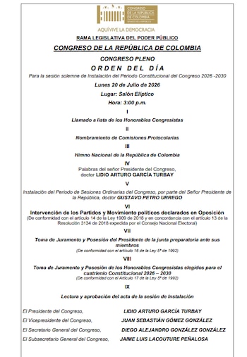 Orden del día Congreso 20 de julio - crédito Prensa Senado