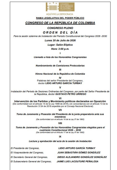 Orden del día Congreso 20 de julio - crédito Prensa Senado