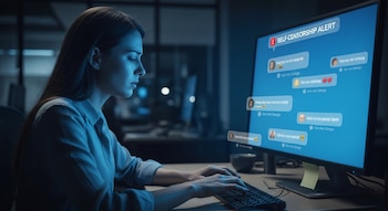 Mujer sentada en un escritorio tecleando en un teclado. En frente, un monitor de computadora muestra una alerta de autocensura y burbujas de chat con texto y emojis.