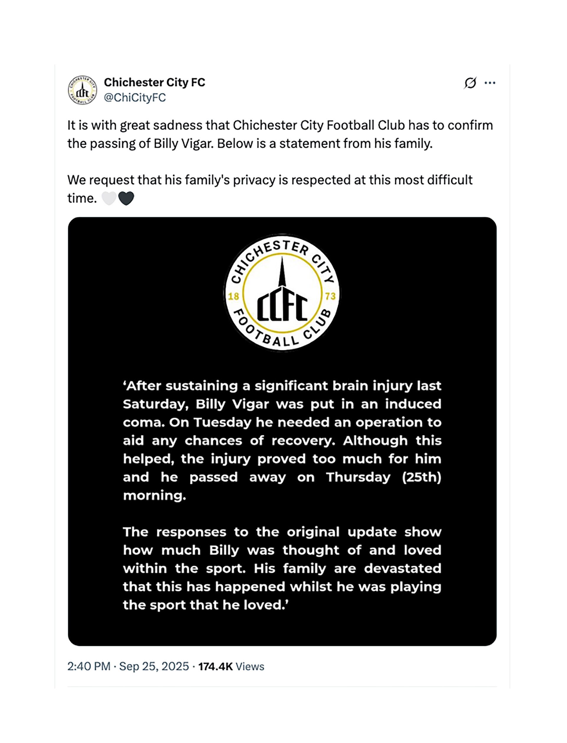 El comunicado del Chichester City confirmando la muerte del joven futbolista inglés