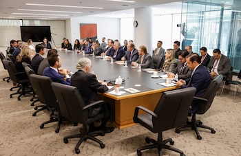 Un grupo de personas sentadas alrededor de una gran mesa de conferencias en una sala luminosa, participando en una reunión de negocios