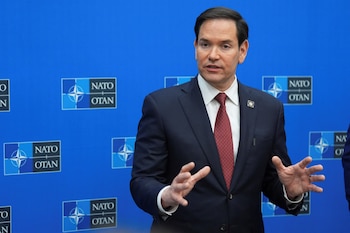 El secretario de Estado Marco Rubio habla en Bruselas (Jacquelyn Martin/Pool via REUTERS)