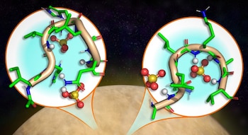 Ilustración del planeta Venus con dos círculos que muestran modelos tridimensionales de estructuras moleculares sobre un fondo espacial