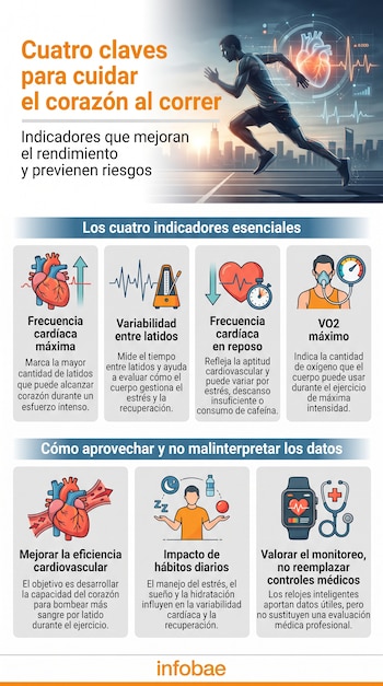 Infografía: un corredor y corazón digital con gráficas. Incluye iconos de corazón, metrónomo, cronómetro, mascarilla, persona durmiendo y reloj.