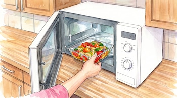 Mano introduciendo recipiente de vidrio con vegetales picados en horno microondas blanco con puerta abierta sobre encimera de madera y gabinetes.