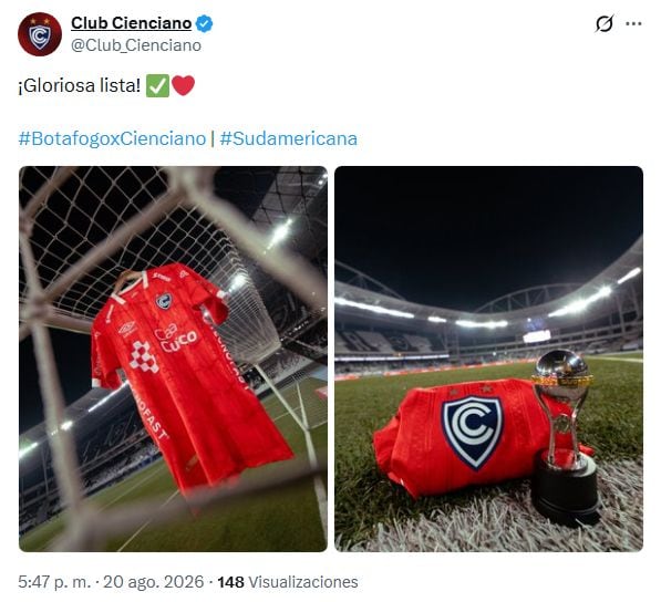 El Club Cienciano comparte imágenes de su camiseta roja y un trofeo en el estadio previo al encuentro contra Botafogo en la Copa Sudamericana. (@Club_Cienciano)