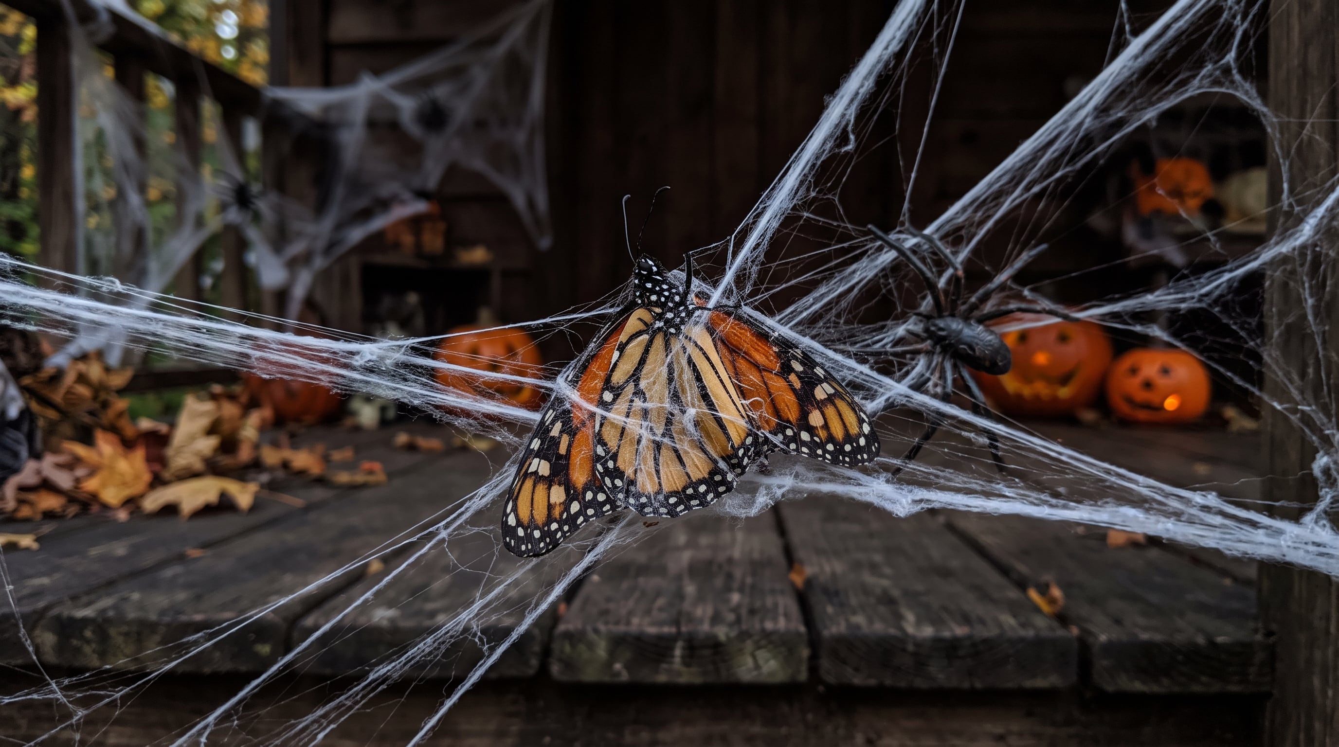 Una mariposa monarca permanece atrapada en las fibras de una telaraña artificial colocada como decoración de Halloween en un porche de madera. (Imagen Ilustrativa Infobae)