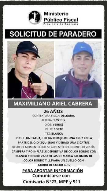 Cartel del Ministerio Público Fiscal de San Luis con dos fotografías y datos personales de Maximiliano Ariel Cabrera