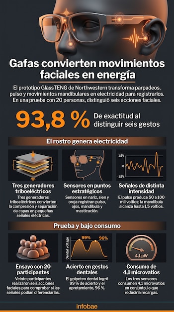Un modelo en tres dimensiones con gafas inteligentes sobre un fondo oscuro con recuadros explicativos, gráficos de ondas y el logotipo de Infobae.