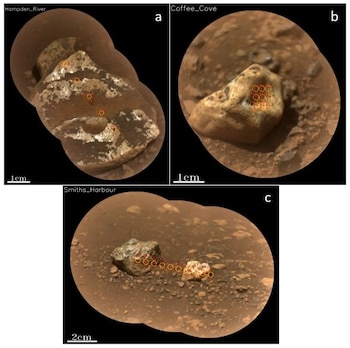Mosaicos de color natural de las tres rocas. (Ollila et al., Geophys. Res. Lett. , 2026)