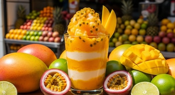 Vaso con cremolada de mango y maracuyá, trozos de mango, maracuyás partidos, limas enteras y en rodajas, mangos enteros, y un puesto de frutas al fondo.