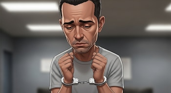 Caricatura de un hombre con pelo oscuro y camiseta clara, esposado, con la cabeza baja, frente a un fondo borroso con luces rectangulares.