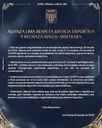 Alianza Lima y su firme comunicado tras la actuación del árbitro Augusto Menéndez en el duelo ante Comerciantes Unidos.