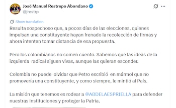 El dirigente sostuvo que los colombianos no deben confiar en el cambio de postura frente a la constituyente y aseguró que las ideas que motivaron la iniciativa continúan vigentes - crédito @jrestrp/X