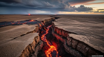 Grieta profunda en un paisaje desértico árido con lava brillante fluyendo como un río. Volcanes en erupción a lo lejos bajo un cielo oscuro con nubes.