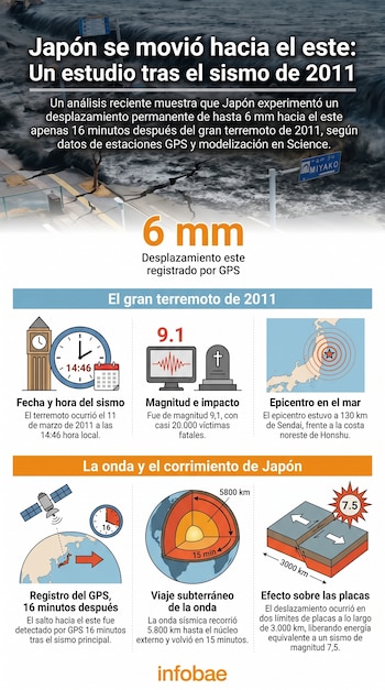 Infografía sobre el desplazamiento de Japón tras el sismo de 2011, con datos de magnitud, hora, epicentro, registro GPS y efecto en placas tectónicas.