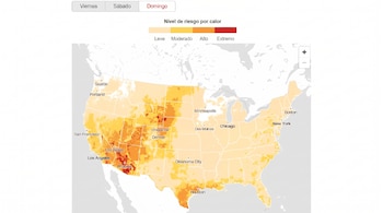 Mapa de Estados Unidos con un gradiente de color que indica el nivel de riesgo por calor, leyenda de colores y botones de día Viernes, Sábado y Domingo.