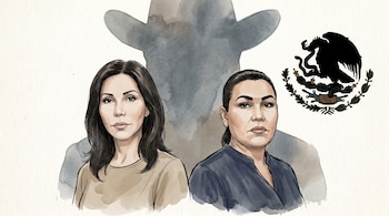 Caricatura editorial de dos mujeres, Alejandrina Salazar y Griselda López, con la silueta de un hombre con sombrero y el logo del Cártel de Sinaloa al fondo.