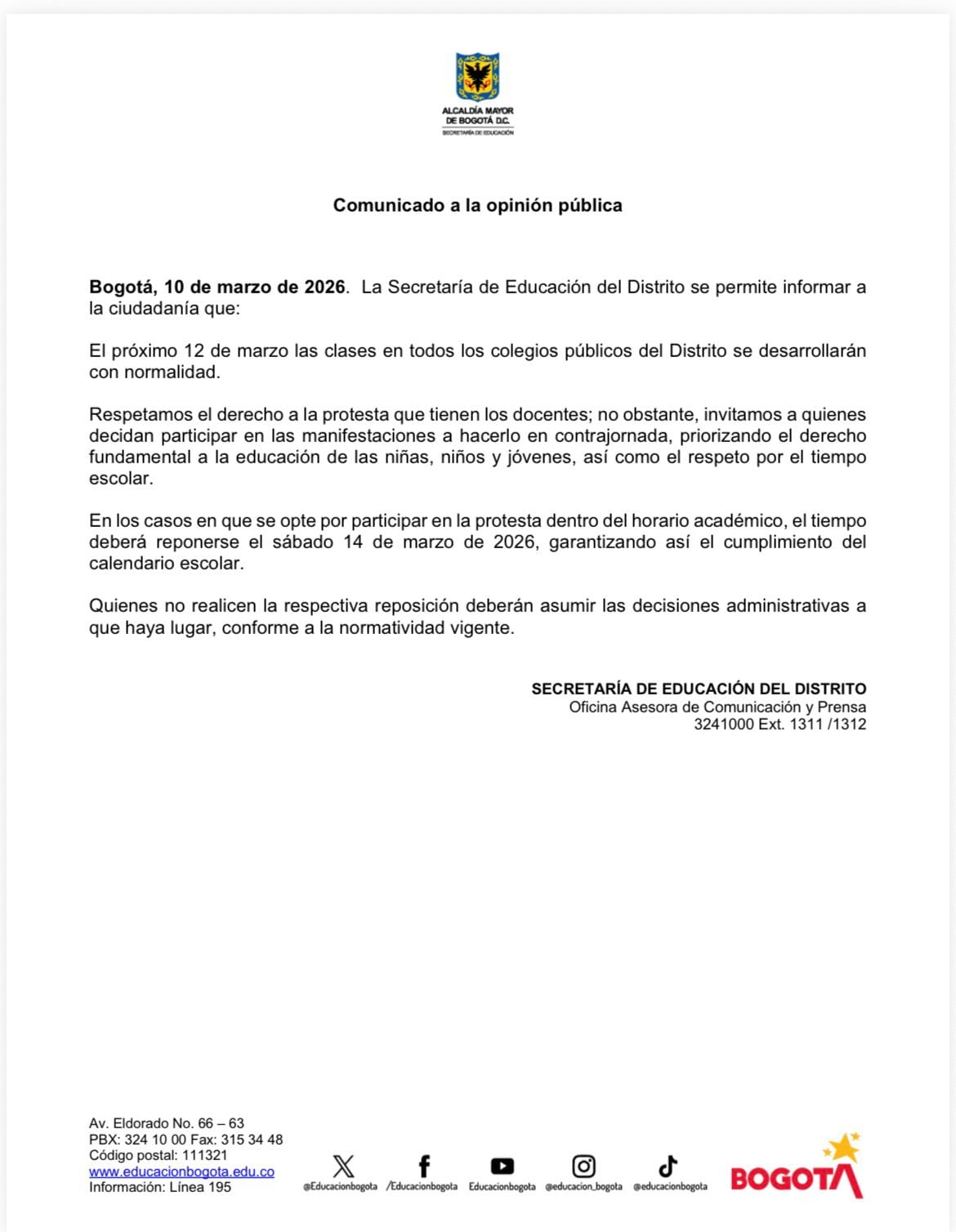 La Secretaría de Educación aseguró que las clases del 12 de marzo se mantendrán y pidió priorizar el derecho a la educación. - crédito Secretaría de Educación del Distrito