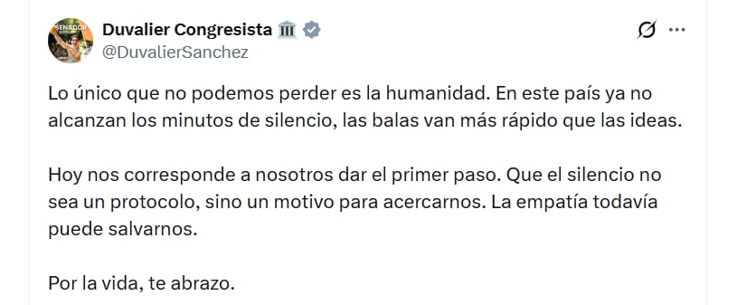 El senador pidió defender la vida sin abandonar las controversias propias de la democracia - crédito Duvalier Sánchez / X